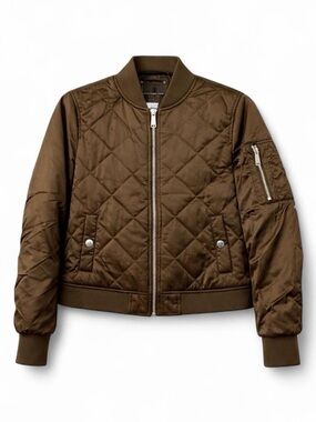 BCBG Quilted Satin Bomber Jacket Olive Green XS